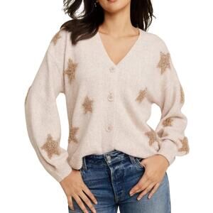 Maurices Womens Beige Tinsel Star Button Down Puff Sleeve Cardigan Size 18 NWOT